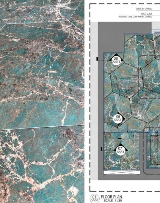 Green quartzite flooring beside its cutting plan